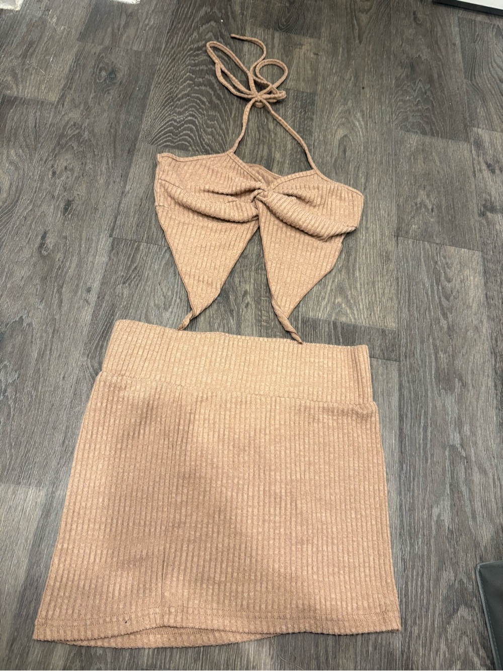 SHEIN Ribbed Halter Two-Piece Mini Skirt Set in Camel